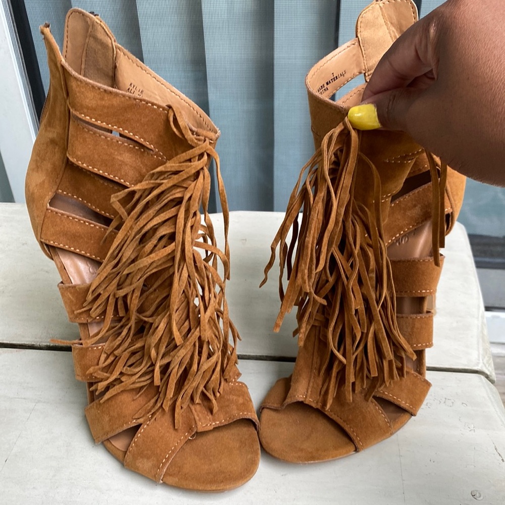Tan fringe party shoes